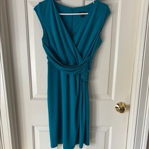 Teal Ruched Faux Wrap Midi Dress with Cap Sleeves